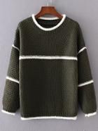 Romwe Army Green Contrast Striped Loose Sweater