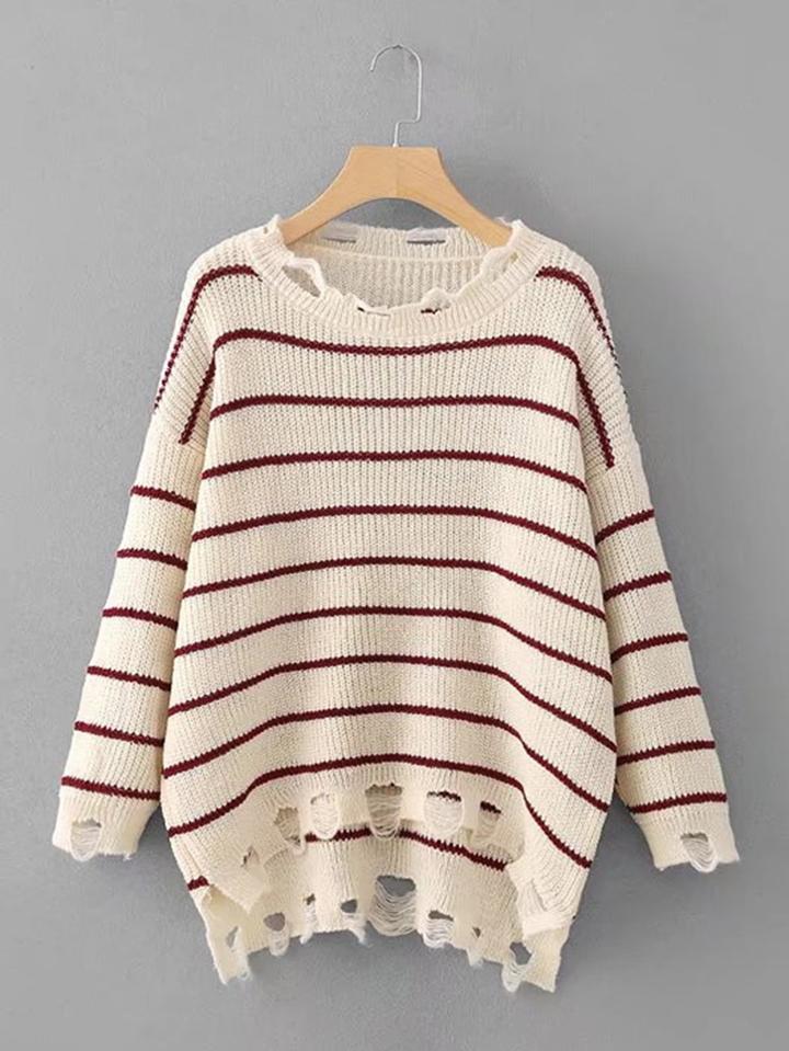 Romwe Ripped Detail Striped Boyfriend Sweater