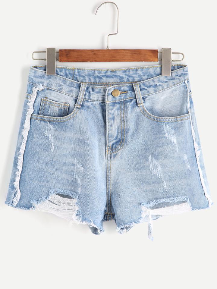 Romwe Pale Blue Ripped Bleached Raw Hem Denim Shorts