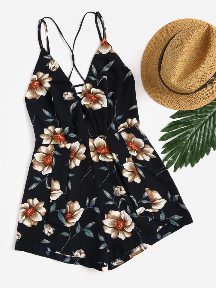 Romwe Floral Print Random Cross Open Back Cami Romper