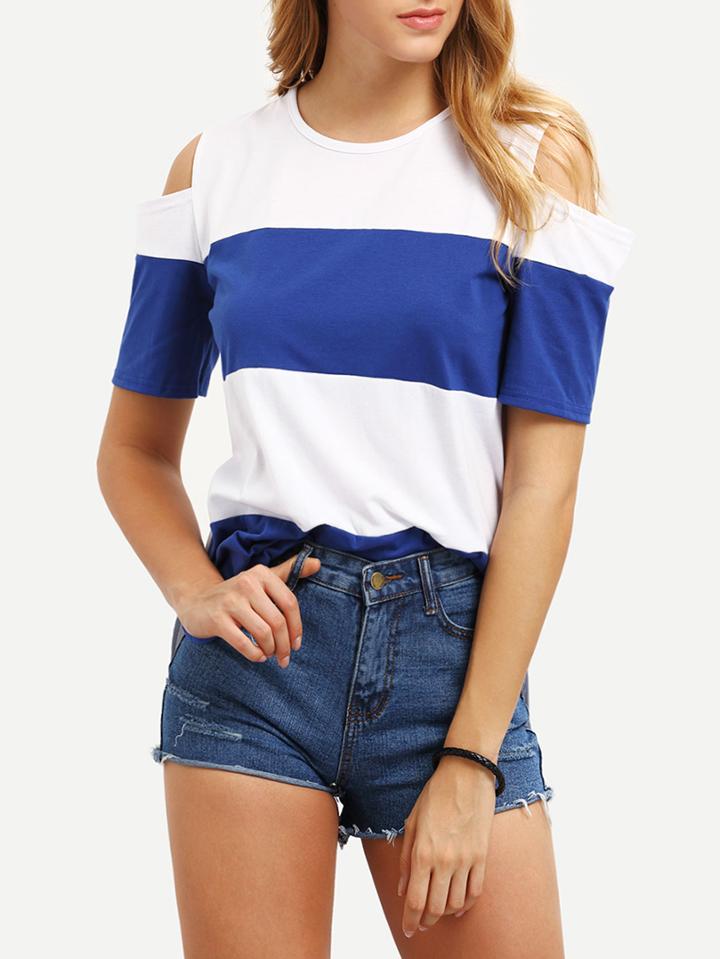 Romwe Cutout Shoulder Wide Striped T-shirt - Blue