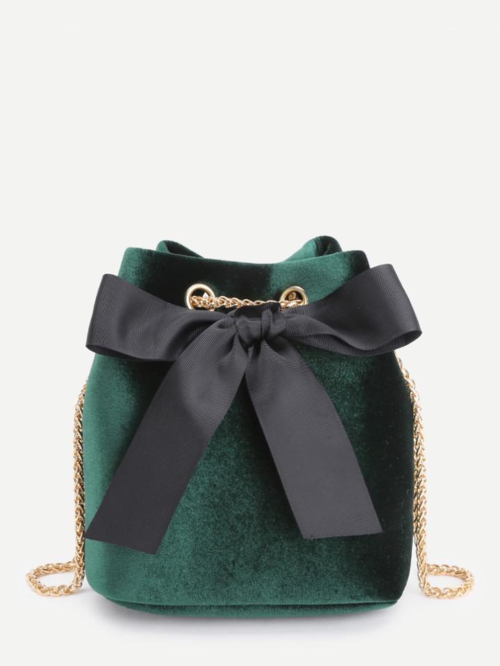 Romwe Bow Tie Front Velvet Bucket Chain Bag