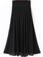 Romwe Black Elastic Waist Pleated Long Skirt
