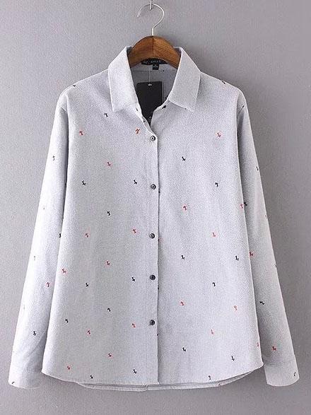 Romwe Dogs Embroidered Grey Blouse