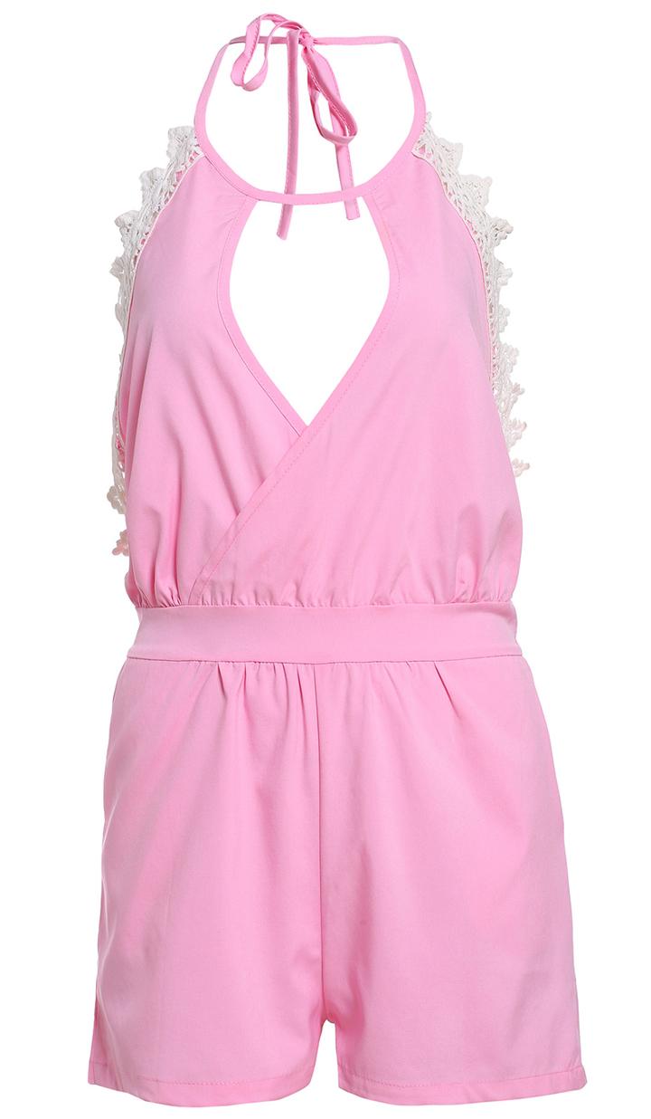 Romwe Halter Backless Hollow Pink Jumpsuit