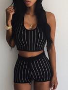 Romwe Vertical Striped Hooded Crop Top With Shorts - Black