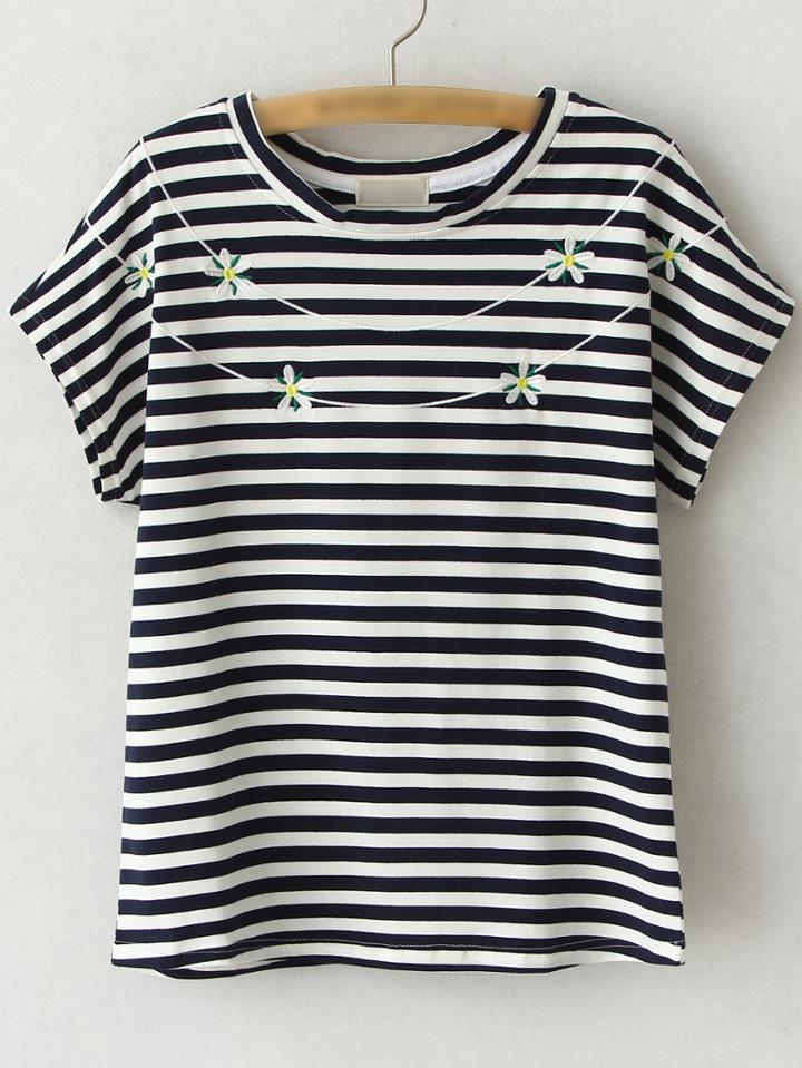 Romwe Black Short Sleeve Flowers Embroidery Stripe T-shirt