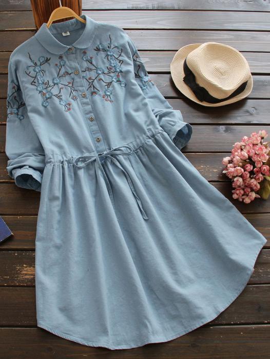 Romwe Peter Pan Collar Embroidered Drawstring Shirt Dress