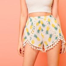 Romwe Pineapple Print Fringe Hem Shorts