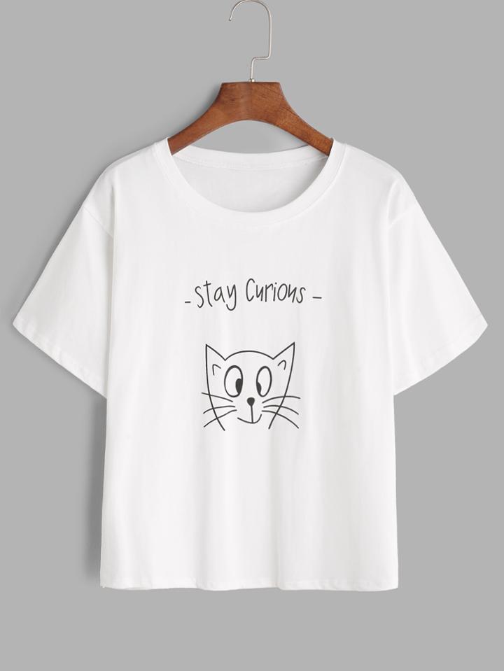 Romwe White Cat And Letter Print T-shirt