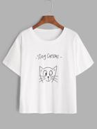 Romwe White Cat And Letter Print T-shirt