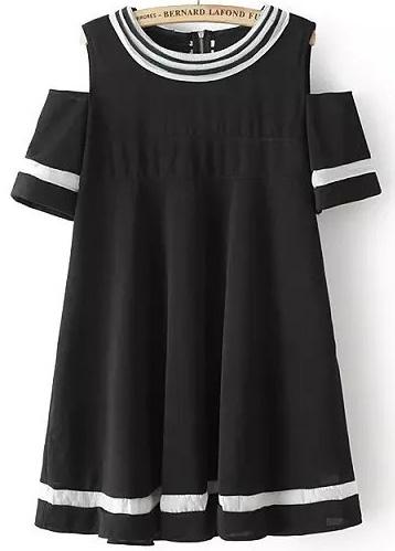 Romwe Black Off The Shoulder Contrast Trims Pleated Blouse