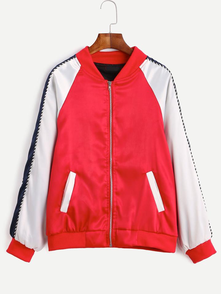 Romwe Color Block Letter Embroidered Bomber Jacket