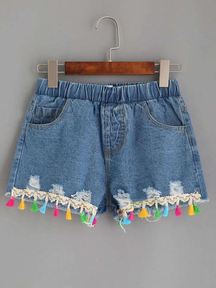 Romwe Blue Elastic Waist Ripped Tassel Trimmed Denim Shorts