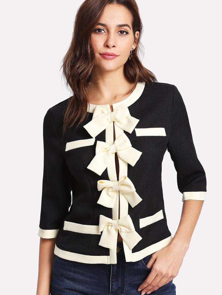 Romwe Bow Front Contrast Trim Blazer