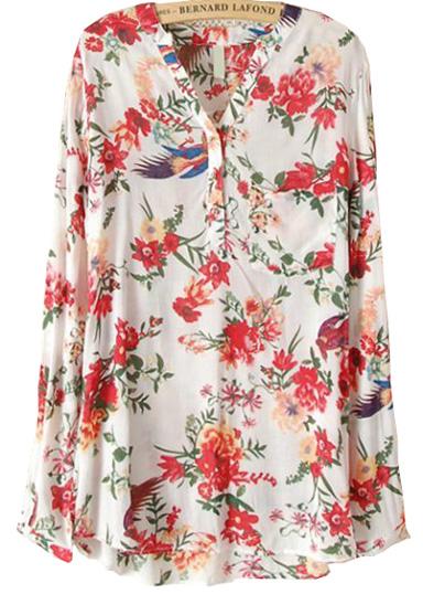 Romwe V Neck Floral Pockets Red Blouse