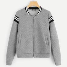 Romwe Plus Zipper Quilted Striped Bomber Jacket