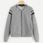 Romwe Plus Zipper Quilted Striped Bomber Jacket