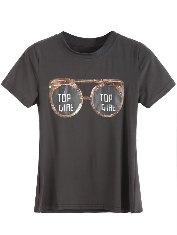 Romwe Black Letter Print Glasses Sequined T-shirt