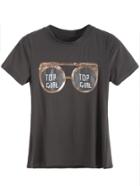 Romwe Black Letter Print Glasses Sequined T-shirt