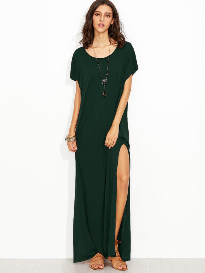 Romwe Scoop Neck High Slit Slub Tee Dress