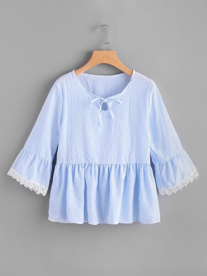 Romwe Striped Lace Cuff Frill Self Tie Neck Blouse