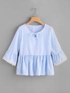 Romwe Striped Lace Cuff Frill Self Tie Neck Blouse