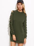 Romwe Army Green Ladder Cut Out Sleeve Sweatshirt Dress