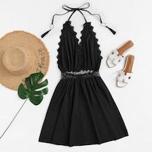 Romwe Lace Trim Fringe Halter Dress