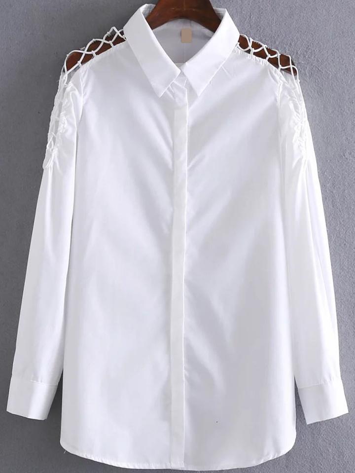 Romwe White Sharp Collar Caged Shoulder Blouse