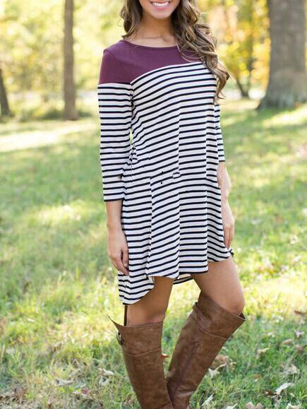 Romwe Women Color Block Purple Striped Tshirt Dress