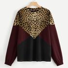 Romwe Plus Drop Shoulder Color-block Leopard Pullover