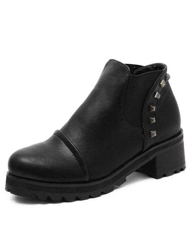 Romwe Black Round Toe Rivets Pu Elastic Boots