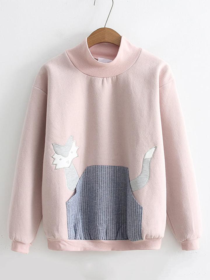 Romwe Fox Embroidery Kangaroo Pocket Sweatshirt