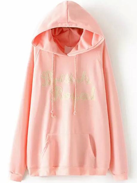 Romwe Hooded Flocked Embroidered Pink Sweatshirt