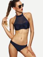 Romwe Blue Mesh Insert Halter Neck Bikini Set