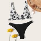 Romwe Random Tropical Print Top With High Cut Bikini Set