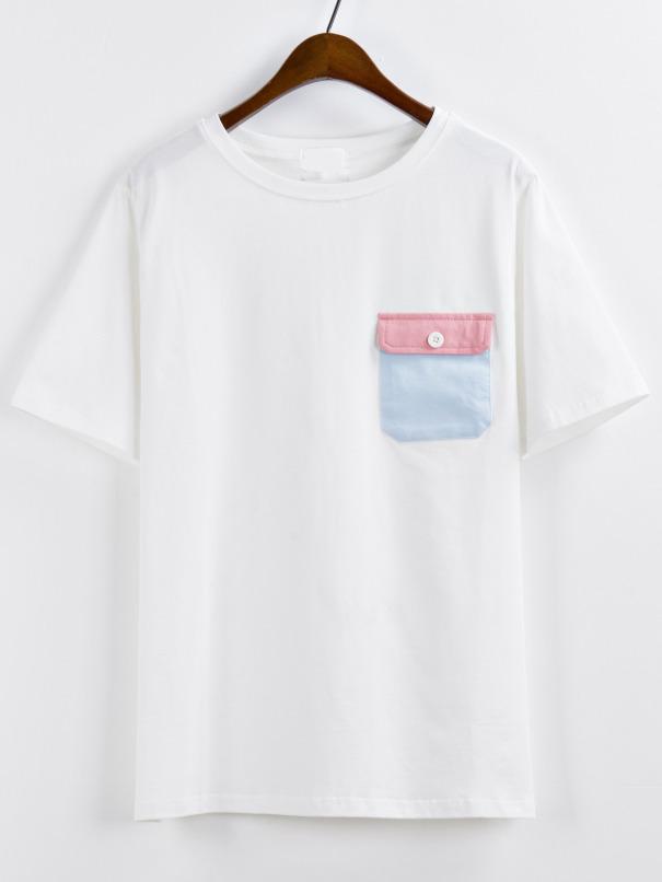 Romwe Contrast Pocket White T-shirt