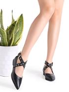 Romwe Black Pu Leather Cross Strap Pointed Flats