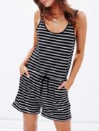 Romwe Sleeveless Striped Romper With Drawstring