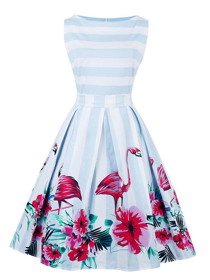 Romwe Flamingo Print Striped Box Pleated Dress With Belt