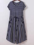 Romwe Navy Short Sleeve Tie-waist Pockets Stripe Dress