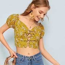 Romwe Floral Print Lace-up Crop Blouse