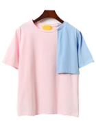 Romwe Pink Contrast Asymmetric Shoulder Patch T-shirt