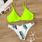 Romwe Neon Lime Plunge Top With Random Leaf Print Bikini Set