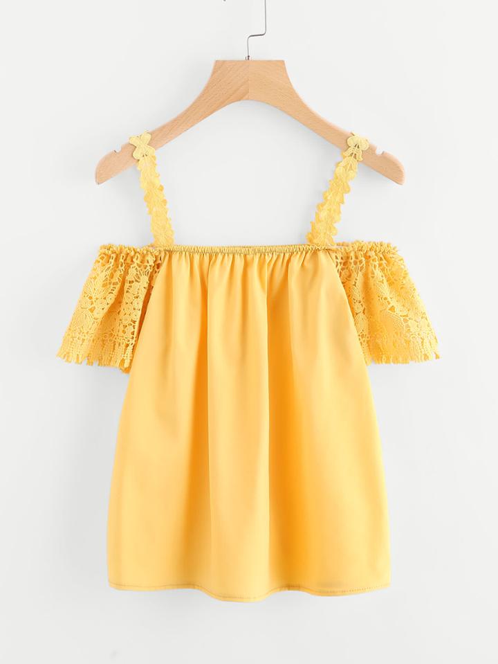 Romwe Open Shoulder Hollow Out Lace Sleeve Blouse