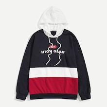 Romwe Guys Color Block Drawstring Letter Print Hoodie
