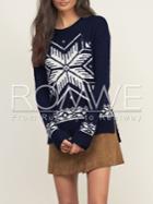 Romwe Navy Long Sleeve Snowflake Print High Low Sweater