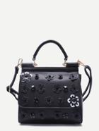 Romwe Black Flower And Rhinestone Embellished Pu Handbag With Strap