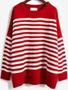 Romwe Round Neck Striped Loose Red Sweater